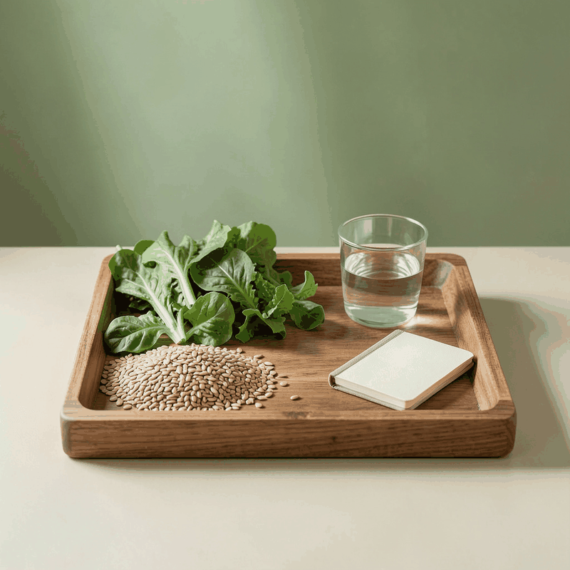 Soft-focus abstract wellness scene with blurred kitchen herbs, citrus slices and linen textures in muted green and cream
